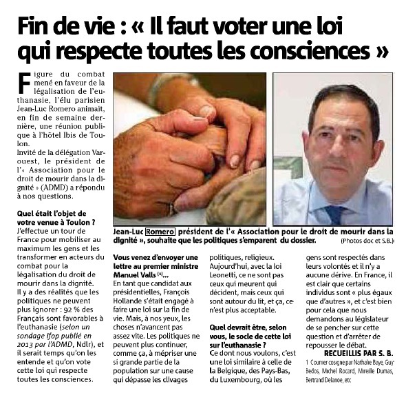 Il faut voter une loi qui respecte toutes les consciences - Jean-Luc ROMERO dans Var Matin Il faut voter une loi qui respecte toutes les consciences - Jean-Luc ROMERO dans Var Matin